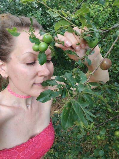 A woman with her hair pulled back in a bun is pictured in an outdoor setting, likely in Fyodorovskaya, Russia. She is positioned to the left of the frame, with her face turned towards a tree branch laden with small, green fruits. Her eyes are closed as she appears to be smelling the fruit. She is wearing a bright pink lace top and a pink choker necklace. A small, silver cross pendant is visible on a thin chain around her neck. The background is filled with foliage, suggesting a natural or garden environment. A hand is reaching out and touching some of the fruits on the branch. The lighting is soft and diffused, indicating it may be overcast or late in the day.