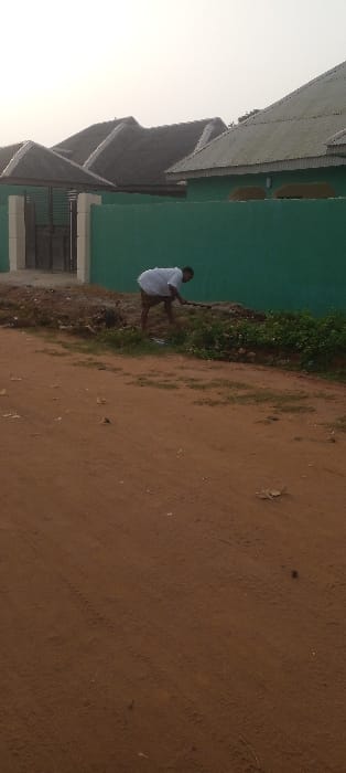 The image, correctly oriented in portrait view, depicts an outdoor scene featuring a lone individual, a building, and a vast expanse of reddish-brown earth under a bright sky.
In the mid-ground, slightly to the left of the center, a person is visible. This individual, appearing to be male, is wearing a white short-sleeved shirt and dark trousers or shorts. He is captured in a squatting or crouching position, facing towards the right side of the frame. His hands are positioned near a low line of green vegetation, suggesting he might be tending to the plants, examining something on the ground, or simply resting.
Behind the person and extending across the left side of the frame is a building. This structure is characterized by a distinctive teal or bright green-painted wall. Above the wall, multiple sections of a grey, corrugated metal roof are prominent, suggesting either a large building with a multi-peaked roof or several attached structures. A dark-colored gate or doorway is partially visible at the base of the green wall, towards the bottom center of the building.
The foreground and the entire right side of the image are dominated by unpaved, reddish-brown ground, consistent with dirt or sand. This area appears dry and relatively flat, with minimal vegetation. A narrow strip of green foliage, comprising small bushes and weeds, stretches horizontally across the mid-ground, forming a visual separation between the building/person and the open ground.
The upper left portion of the image shows a bright, light-colored sky, indicating that the photograph was taken during daylight hours. The lighting appears soft, hinting at either early morning or late afternoon. No text is visible in the image. The overall impression is one of an everyday outdoor moment in a rural or semi-urban setting.