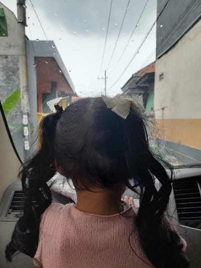 The image displays the back of a young person, likely a child, situated inside a vehicle and looking out a window. The person has long, dark hair styled into two prominent pigtails, each secured with a light-colored bow, appearing cream or white, possibly with a subtle lace or textured pattern. They are wearing a light pink top, which features a textured or horizontally ribbed fabric.
Through the vehicle's window, which is speckled with numerous water droplets from rain or spray, an outdoor scene unfolds. The sky is overcast and bright, indicating daytime under cloudy conditions. Visible in the background are various buildings with different roof designs and wall colors, suggesting an urban or semi-urban environment, possibly residential or a mix of uses. Power lines traverse the upper portion of the exterior view. Subtle hints of green foliage can also be seen.
Parts of the car's interior are visible in the foreground and bottom right, including air vents and sections of the dashboard or door panel. The scene captures a moment of quiet observation from a passenger within a car during a rainy or recently rainy day. The setting is Kecamatan Gempol, Indonesia. No specific activity beyond looking out the window is discernible, and no text is visible in the image.