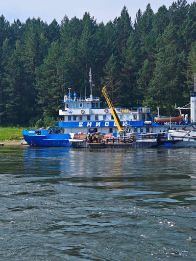 The image depicts a scene in Porog, Russia, featuring a blue and white riverboat docked on a wide, calm river. The boat is a prominent subject, with its blue hull and white upper decks visible. A yellow crane is mounted on the deck, and a raft of logs is attached to the side of the boat. The background consists of a dense, dark green forest bordering the riverbank, with tall evergreen trees dominating the landscape under a clear, pale blue sky. The foreground shows the rippling surface of the river, reflecting the surrounding environment. There are no people visible in the image.