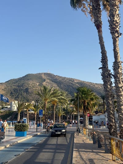 The image depicts a sun-drenched street scene in Pla Parcial Platja, Spain, characterized by a clear blue sky and a prominent, tree-covered mountain in the background topped with communication towers. The foreground is dominated by a paved road with a bicycle lane marked by textured bumps, and a sidewalk lined with palm trees.

On the road, a dark-colored car is visible, its license plate reading "3254 FKZ". A cyclist wearing a helmet is riding on the right side of the road. People are walking along the sidewalk, some are wearing casual summer attire. There are several shops and cafes bordering the sidewalk. A blue flag with a white emblem is flying on the left side of the image, near a building. A bright blue planter box with a green shrub is situated on the sidewalk. The environment suggests a warm, coastal location, likely a promenade or street adjacent to a beach, given the presence of palm trees and the overall ambiance.