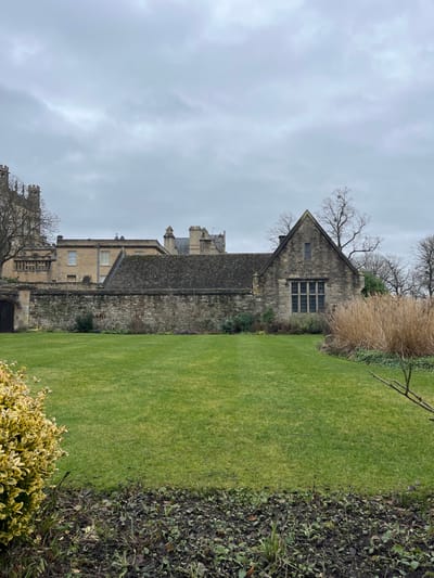 The image displays the Dean's Garden at Christ Church, Oxford, United Kingdom. In the immediate foreground, a dark soil bed contains some small green plant growth and a variegated yellow-green shrub on the bottom left. The central midground features a large, rectangular expanse of neatly mown, vibrant green grass. To the right of the lawn, a substantial cluster of tall, dried, light brown ornamental grasses is present.
A rough-hewn stone wall, exhibiting intermittent green plant growth along its base, extends horizontally across the background, acting as a barrier. On the far left, a dark wooden gate or door is partially visible within this wall. Behind the wall, on the left, a section of a large light-colored stone building, featuring an oriel window and battlements, is visible, identifying as part of Christ Church Cathedral. Further to the right, behind the wall and extending above its roofline, multiple additional stone buildings are discernible, characterized by various windows, several dark chimneys, and grey slate or stone roofs.
Prominently positioned on the right side of the background, behind the stone wall, is a two-story stone building with a steep, dark grey gabled roof. This structure, the Old Library of Christ Church, displays a large, dark-paned mullioned window on its main facade, with a smaller, single-paned window set within the gable. A bare deciduous tree, featuring a visible cluster of mistletoe or a large nest, is situated behind and to the right of the Old Library. Additional bare trees are partially visible on the far right. The upper portion of the image consists of a uniform light grey, overcast sky. No individuals, animals, or active subjects are depicted in the scene.