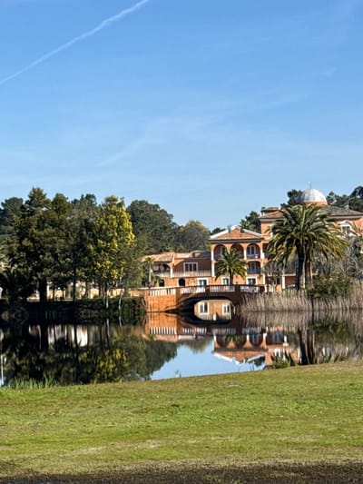 The image depicts a tranquil waterscape in Mira, Portugal, featuring a large, multi-story building complex with terracotta-colored roofs and facades. The complex, possibly a resort or residential property, incorporates arches and multiple windows, with one section topped by a silver-domed roof. An arched bridge, matching the architectural style and color of the buildings, spans a narrow waterway, connecting parts of the complex. The buildings, bridge, and surrounding dense vegetation, which includes palm trees and other deciduous and evergreen trees, are clearly reflected on the calm water surface. The foreground consists of a gently sloped patch of green grass, partially obscuring the immediate shoreline. The background features a clear, light blue sky with a single white contrail visible towards the upper left. No people or specific actions are visible within the frame.