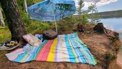 A picnic blanket with colorful stripes is spread out on the ground next to a lake. On the blanket, there is a pillow with a floral pattern, a brown backpack, and a bottle of water. A pair of sneakers is placed on the ground near the pillow. A beach umbrella with a palm tree motif is open and providing shade. The scene is located in a wooded area with a view of a calm lake. The ground is covered with dirt and fallen leaves. The image appears to be taken in the city of Severnaya Samarka, Russia.