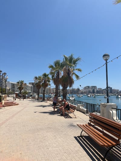 A waterfront promenade in Gżira, Malta, features a paved walkway lined with benches and palm trees. In the foreground, a person sits on a bench, and to the right, another bench is empty, casting long shadows from the midday sun. The promenade overlooks a harbor filled with numerous boats and yachts. Across the water, a city skyline is visible, characterized by multi-story buildings and construction cranes, indicative of ongoing development. The sky is a clear, vibrant blue. Several people are walking along the promenade in the mid-ground.