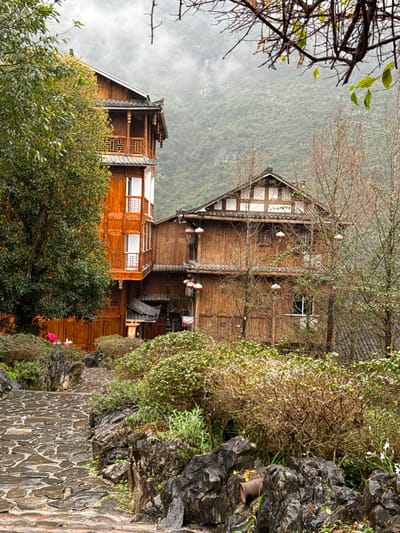 The image depicts a traditional village scene in Gongtan, China, characterized by wooden architecture set against a misty, mountainous backdrop. In the foreground, a wet, irregular stone-paved path ascends from the lower right towards the upper left. Dark, moss-covered rocks and various green and dormant brown bushes line the path.

In the midground, two primary multi-story wooden structures are visible. The building on the left is a tall, reddish-brown wooden structure featuring traditional tiered roofs with dark tiles and ornate wooden balconies on its upper levels, equipped with intricate railings. White-framed windows are visible on its side. A large, leafy green tree partially obscures the lower left portion of this building. Behind the tree, near the path, a person wearing a red top is partially visible.

To the right, a second wooden building, lighter brown in tone, presents a distinct roofline with white and dark trim. Multiple red-orange lanterns hang from its facade, and a single window is visible on its lower section. A connecting wooden structure or walkway bridges the two buildings at an elevated level. Bare tree branches with minimal foliage frame the upper right of the scene.

The background features steep, densely forested mountains, partially obscured by a thick layer of mist or low clouds, indicating a humid or damp atmospheric condition. The overall environment appears serene and traditional, likely captured on an overcast day.