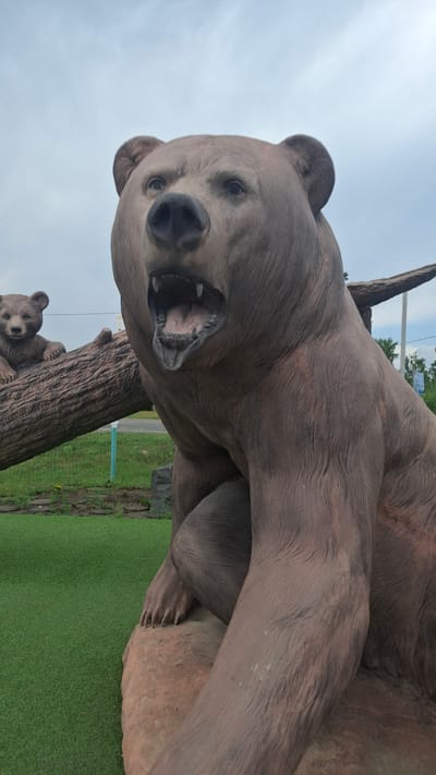 A low-angle, eye-level shot captures a large, realistic sculpture of a brown bear in the foreground, with its mouth agape and teeth bared, appearing to roar. The bear is seated on a rough, reddish-brown rock, with its legs positioned in front of it. Its fur is detailed with sculpted lines indicating texture. Behind the large bear, a smaller bear sculpture is perched on a log, looking towards the viewer. The log extends across the frame, supported by what appears to be another piece of the same rock. The background reveals a clear, overcast sky. To the left, a vibrant green, artificial turf lawn is visible, interspersed with grey paving stones. Further in the background, beyond the log and the turf, a road can be seen, with a fence and some greenery lining its edge. In the far distance, trees are visible against the sky, with a light pole on the right side. This scene is located in the city of Половино-Черемхово, Russia.