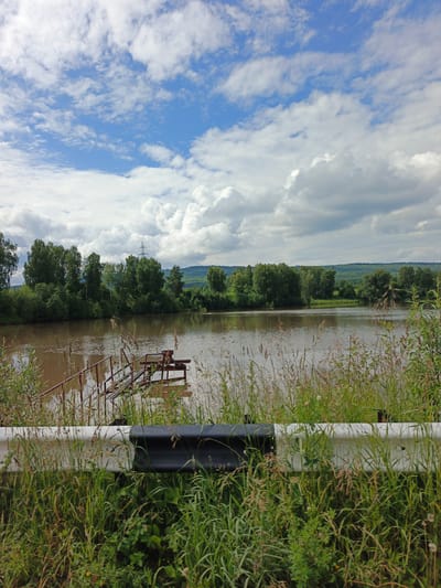 This image depicts a serene lakeside scene on a partly cloudy day, likely in the afternoon given the bright sky. The foreground is dominated by lush green grass and a white and black guardrail, suggesting the vantage point is from a road or pathway beside the water.
The main subject is a tranquil, muddy-brown lake reflecting the sky and surrounding landscape. On the left side of the lake, a rustic wooden pier extends into the water, showing signs of age and wear. The pier appears to be unoccupied, with no people or boats visible.
Beyond the lake, a dense line of green trees forms a natural backdrop, with taller deciduous trees intermingled with others. In the distance, rolling hills are visible, covered in more greenery. A power line pylon can be spotted among the trees, indicating some human infrastructure in the otherwise natural setting.
The weather appears pleasant, with bright blue sky interspersed with fluffy white clouds, suggesting a warm, possibly humid day. The overall mood of the image is peaceful and natural, capturing a quiet moment by the water. No text is visible in the image. The location context provided is Urtiushka, Russia.