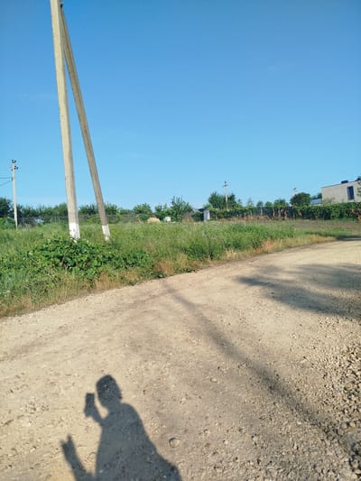 The image depicts a rural dirt road in Nimoreni, Moldova, under a clear blue sky. In the foreground, a shadow of a person holding a smartphone is cast on the dusty road, indicating a selfie was taken. To the left, two tall concrete power poles stand against the sky, with the closest one partially painted white near its base. Beyond the road and poles, a dense, green grassy area extends, dotted with various plants and some dry, taller grasses. Further in the background, a line of trees and bushes forms a natural barrier, behind which a fence is visible. A modern-looking building with dark windows and a grey facade is situated on the right side of the background. The overall scene is characterized by natural elements and infrastructure typical of a rural landscape.