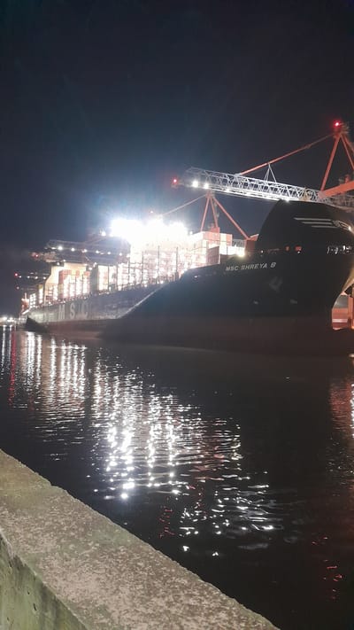 This media file depicts a large cargo ship named "MSC SHREYA B" docked at night in Dock Sud, Argentina. The ship is heavily laden with shipping containers, stacked high on its deck, and illuminated by bright lights from the dock cranes and the ship itself. The water surrounding the ship reflects the lights, creating a shimmering effect. The scene is dark, indicating it is nighttime. The presence of dock cranes and the scale of the cargo ship suggest a busy port environment. The overall atmosphere is one of industrial activity and maritime operations. Visible text on the ship clearly reads "MSC SHREYA B".