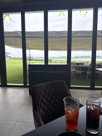 A dimly lit indoor setting showcases a view of a grassy field through a large window. The window's frame is dark, and vine-like plants cling to its side. Two glasses, one filled with a dark liquid and the other with a light-colored beverage, sit on a dark table. A quilted chair is situated nearby. The scene suggests a relaxed atmosphere within a restaurant or lounge.
