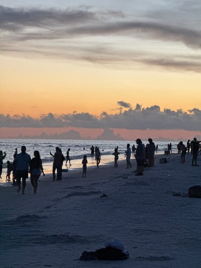 A sunset scene unfolds at Siesta Key Beach, Siesta Key, Florida, United States of America. Silhouettes of numerous people are visible against the twilight sky, which is painted with hues of orange, pink, and gray from the setting sun and scattered clouds. The ocean, a dark expanse of waves, borders the beach, where individuals are seen walking, standing, and interacting. Some are near the water's edge, while others are further back on the sandy shore. Objects like bags and beach accessories are scattered sparsely on the sand. The lighting suggests late evening, with soft, diffused light casting long shadows.