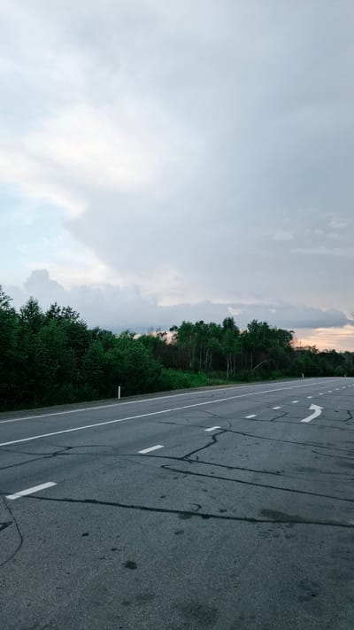 The image depicts a road with a tree line and cloudy sky. The road has white lane markings, including dashed lines and a curved arrow indicating a turn. The surface of the road shows cracks and dark patches, possibly oil stains. The tree line is dense and consists of various types of trees, with some thinner, lighter-barked trees interspersed. The sky is filled with large, gray clouds, with lighter patches suggesting the presence of the sun behind them. There is no indication of the specific location within the city of Uril, Russia. No people or actions are visible in the image.