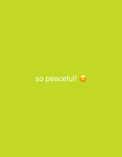 The image displays a solid, uniform chartreuse-green digital canvas. Centrally positioned on this monochromatic background, in white sans-serif text, are the words "so peaceful!" immediately followed by a standard Unicode contented face emoji (😌). The text and emoji are the sole visual elements present. No physical environment, individuals, or three-dimensional objects are depicted. No actions, interactions, or movement are observable within this static digital composition. The image's content is exclusively graphic overlay elements on a flat color field. Based on the provided information, this digital artifact is associated with the city of Bjelojevići, Montenegro, although the image itself contains no visual geographical markers or environmental context of that location.