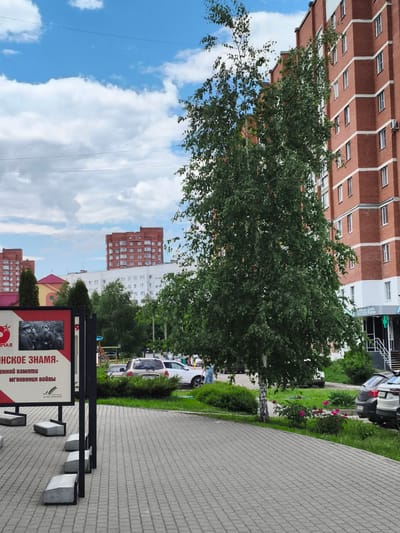 The image shows a paved area in front of a modern red brick apartment building. A tall, leafy birch tree stands in front of the building, obscuring part of its facade. To the left of the tree, a portion of a display board is visible. It has a red border and appears to feature an image of people in military uniforms and text in Russian, including the words "МАЯ" and "НСКОЕ ЗНАМЯ." Further to the left, a large red star symbol is partially visible on the display board. In the background, other apartment buildings of similar architectural style are visible. Several cars are parked on a grassy area next to the paved walkway. A few people can be seen walking in the distance. The sky is blue with scattered white clouds. The scene appears to be a public space within a residential area of Малая Валяевка, Russia, possibly near a monument or memorial given the content on the display board.