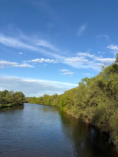 The image shows a landscape scene, possibly a riverbank, in Brusen, Bulgaria. A river flows along the right side of the image, its surface rippled. Trees with dense green foliage line the riverbank. The left side of the image features a blue sky with scattered white clouds. The scene appears to be taken during daytime.