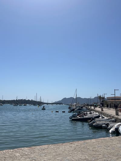 The image depicts a harbor scene in Port de Pollença, Spain, under a clear blue sky. In the foreground, a stone walkway lines the edge of the water. The water itself is calm with gentle ripples, reflecting the sunlight. Numerous boats are moored in the harbor.

On the right side of the image, a line of smaller inflatable boats with outboard motors are docked. Further back, more sailboats and larger vessels are anchored. In the background, a hilly coastline with some vegetation and buildings is visible, with mountains forming a backdrop.

Along the walkway on the right, several people are walking and standing. A building with an arched facade and a few palm trees are also present in this area, suggesting a waterfront promenade. The overall atmosphere is serene and suggests a sunny day at a popular tourist destination.