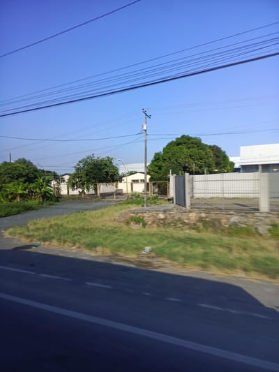 A roadside view in Durán, Ecuador, shows an asphalt road with white lane markings. To the right of the road, there is a strip of grass and a fence made of concrete posts and metal railings, bordering what appears to be an industrial or commercial property with white buildings. A lush green tree is visible behind the fence. On the left side of the road, there is more vegetation, including trees and banana plants, also bordering buildings. Overhead, a network of power lines stretches across a clear blue sky. A utility pole with electrical equipment stands near the fence.