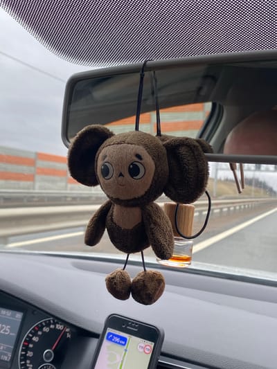 A snapshot taken from inside a car shows a brown plush monkey toy hanging from the rearview mirror. Next to the monkey, there's a small, clear bottle with a wooden top. A mobile phone mounted on the dashboard displays a navigation app indicating a distance of 296 km. The car's speedometer shows a reading of 125. The time on the dashboard reads 10:52. The car is in Ustinovo, Russia.