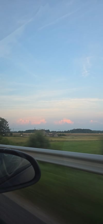 The image is a vertical, eye-level, outdoor, daytime shot taken from a moving vehicle, likely a car, in the vicinity of Renda, Latvia. The scene captures a rural landscape under a pale blue sky with scattered, soft pink clouds. In the foreground, a portion of a car's side-view mirror is visible on the left, reflecting the sky and some of the car's interior. A silver metal guardrail runs horizontally across the lower half of the image, separating the road from the landscape beyond.

The midground features a wide, green field, possibly agricultural land, with some areas appearing golden yellow, suggesting crops nearing harvest. Several trees and structures, including buildings that resemble farmhouses or barns, are scattered across the landscape. In the distance, a line of dark green trees forms a backdrop against the horizon. Several tall structures, possibly utility poles or cranes, are also visible in the far distance, indicating some industrial or infrastructural presence. The overall impression is one of a tranquil, rural setting, possibly during late afternoon or early evening given the sky's coloring. The motion blur evident in the fields and guardrail confirms the perspective of a moving vehicle.