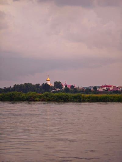 The image depicts a serene landscape with a body of water in the foreground. In the middle ground, a lush green treeline runs horizontally, with a small cluster of buildings visible behind it. One building stands out with a golden dome, characteristic of a church. Further to the right, more buildings with red roofs are scattered amongst the trees. The sky above is overcast with soft, diffused light. The scene is tranquil and appears to be a rural or semi-rural setting.