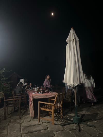 The image depicts an outdoor evening gathering at night, possibly in Felgueiras, Portugal, given the context of the accompanying hints. The scene is illuminated by faint artificial light and the glow of the moon in the dark sky.
In the foreground and midground, a group of approximately six people are gathered around a table laden with bottles, glasses, and what appears to be food. The table is covered with a patterned tablecloth. The individuals are engaged in conversation and activity, suggesting a social event or meal. One person is standing and looking towards the table, holding a bottle. Another person is seated at the table, looking towards the camera with a smile. Several other individuals are visible around the table, their faces partially obscured by darkness or their positions.
A large, closed umbrella stands prominently to the right of the table, its white fabric stark against the dark background. It is supported by a dark green, multi-legged base.
In the background, a small, dark red structure, possibly a shed or outbuilding, is visible on the left. There are also chairs and a patio or courtyard area paved with stone slabs. Lush green foliage and some pink flowers are present on the left side of the image, partially obscuring the structure.
The overall atmosphere is one of a relaxed, informal gathering under the night sky. The presence of the moon suggests it is nighttime. The setting appears to be an outdoor patio or garden area.