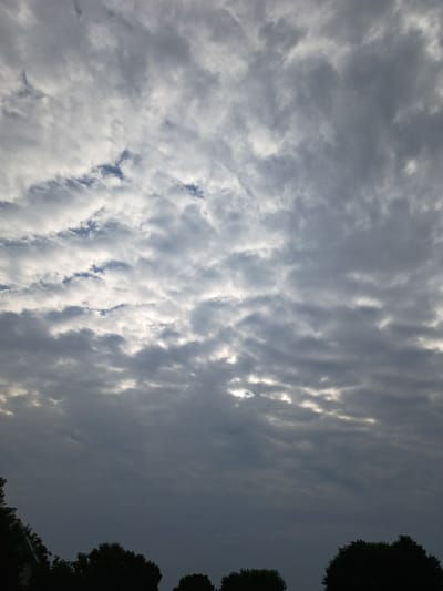 The image shows a cloudy sky over a dark silhouette of trees and a portion of a building at the bottom. The clouds are varied, with some appearing brighter and thinner, allowing glimpses of blue sky, while others are darker and thicker, creating a moody atmosphere. The light suggests it is either early morning or late evening. The scene is likely a residential area.