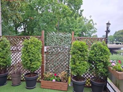 The image depicts an outdoor seating area, likely a balcony or patio, overlooking a body of water and trees. In the foreground, several potted evergreen trees are arranged in front of a wooden lattice fence. One section of the fence is covered with a green leaf-patterned screen. A wooden planter box filled with small plants and pink and red flowers sits in front of the screen. The scene is set against a backdrop of lush green trees. In the distance, a street lamp and a bridge are visible, along with a passing bus. The sky is overcast, suggesting a cloudy or possibly rainy day. There is no visible text in the image. The overall impression is one of a peaceful, natural setting with a touch of urban elements in the background.
