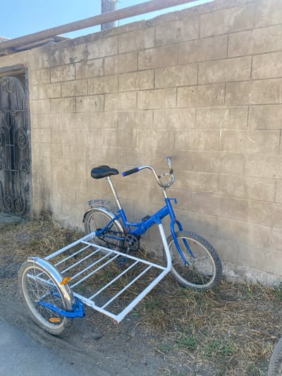 A blue and white bicycle with a trailer is parked leaning against a concrete block wall. The bicycle has a black seat and silver handlebars. The trailer is white with silver fenders and a silver wheel. The wall is made of light-colored concrete blocks and has some discoloration. To the left of the wall is a dark metal gate with intricate scrollwork. The ground in front of the wall is covered in dry grass and dirt. The scene appears to be in an outdoor setting, possibly a yard or alley. The image does not provide enough information to definitively place it in the city of Samur, Russia.