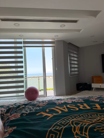 The image captures an interior view of a bedroom, looking out towards a balcony and the sea. The room features a modern aesthetic with a white ceiling with recessed lighting and air conditioning vents. Large sliding glass doors open to a balcony, offering a view of the Mediterranean Sea and a cityscape in the distance. The doors are fitted with zebra blinds, which are partially open, allowing natural light to filter in.

In the foreground, a large, textured green duvet with a gold Versace-inspired pattern covers a bed. To the left, a pink exercise ball rests on a white, plush rug. The room is decorated with luxury shopping bags, including one visible Louis Vuitton bag on a white media console. The overall impression is one of a well-appointed room with a view, likely in an upscale residence. The scene does not include any people.