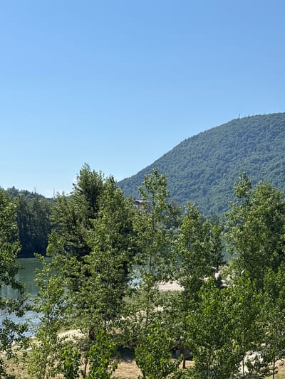This media file captures a serene outdoor scene near Zvornik, Bosnia and Herzegovina. The image is oriented vertically, with the sky taking up the left portion of the frame and a lush green landscape to the right. A large, densely forested mountain dominates the upper right quadrant, its slopes covered in a carpet of trees. In the foreground and mid-ground, leafy green trees with bright, vibrant foliage are prominent, partially obscuring a body of water and a sandy bank. The water appears calm and reflects the surrounding greenery. The scene suggests a warm, sunny day, likely late morning or early afternoon, given the clear blue sky and the bright lighting. There are no people or specific objects clearly visible, but the presence of trees and water indicates a natural setting, possibly a park, a lakeside recreational area, or a riverbank. The overall mood is peaceful and natural, evoking a sense of tranquility and the beauty of the outdoors. The image does not contain any visible text.