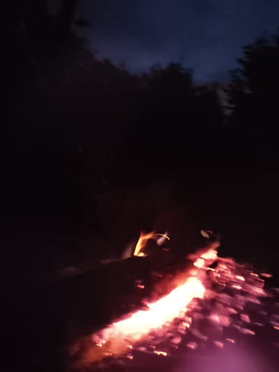 An outdoor scene at night features a fire in the foreground. The flames are bright orange and yellow, with some pink and white hues, indicating a hot fire. The fire is burning on what appears to be dark earth or sand. In the background, silhouetted trees are visible against a dark blue, cloudy sky. The overall impression is a campfire or bonfire in a wooded area. The location is identified as Sukhanovo, Russia, suggesting it might be a rural or park setting. There are no people or specific objects other than the fire and the natural environment.