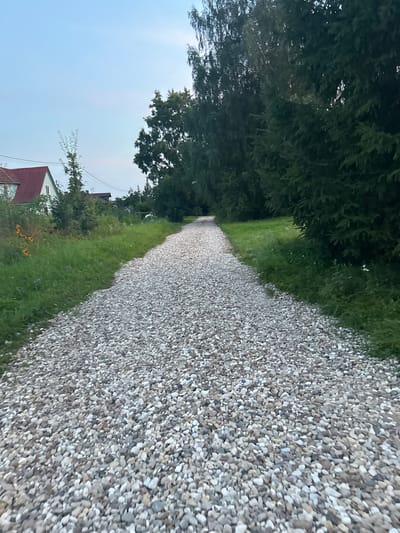 The image depicts a natural outdoor scene with a gravel path leading into the distance. The path is surrounded by lush green grass and tall trees, with a few buildings visible in the background on the left side, one of which has a red roof. The sky is a pale blue, suggesting it is either early morning or late evening. The scene appears to be a rural or semi-rural setting in Abushkovo, Russia. There are no people or animals present in the image, and no specific actions or interactions are taking place. The focus is on the landscape and the gravel pathway.