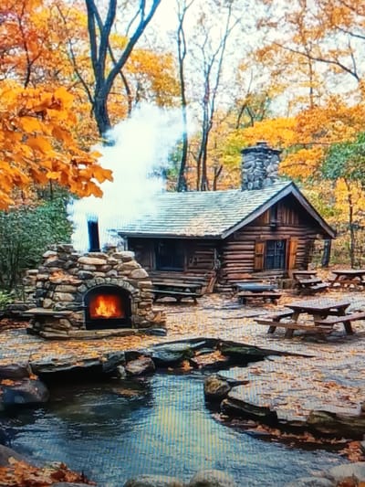 A rustic log cabin is situated in a wooded area with vibrant autumn foliage. In front of the cabin, there is a large stone fireplace with a roaring fire and smoke billowing from its chimney. Several picnic tables are scattered around the area. A small body of water with rocks and fallen leaves is in the foreground. The scene evokes a cozy, autumnal atmosphere.