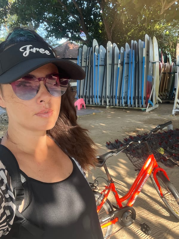 Bikes and surfboards at a Kuta Selatan beach hangout
