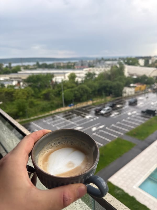 Coffee break on Varna balcony during overcast afternoon