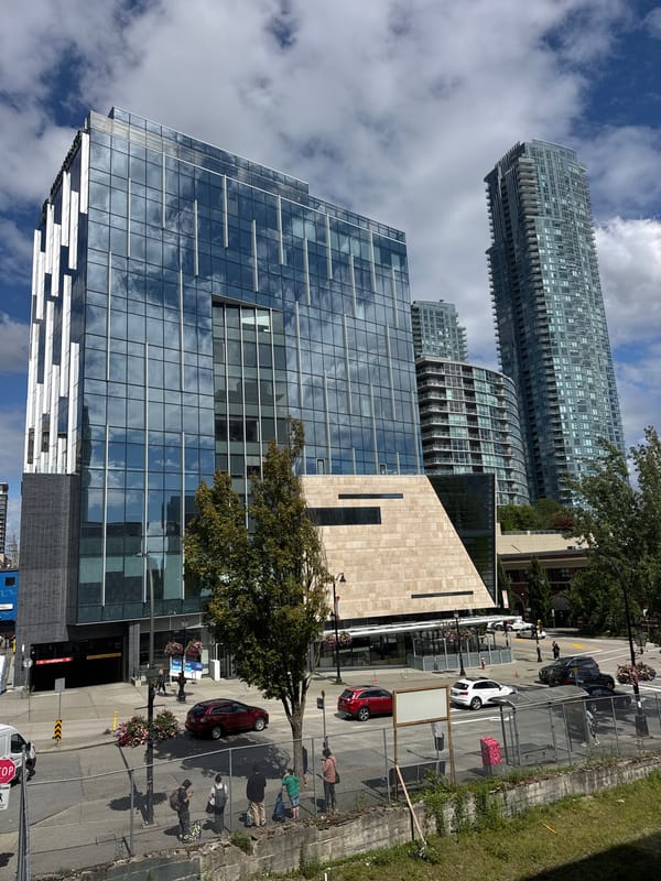 Cloudy afternoon on a mixed-use block in New Westminster