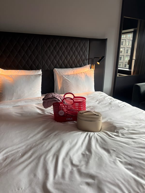 Stockholm visitor documents hotel room and iconic knotted gun sculpture