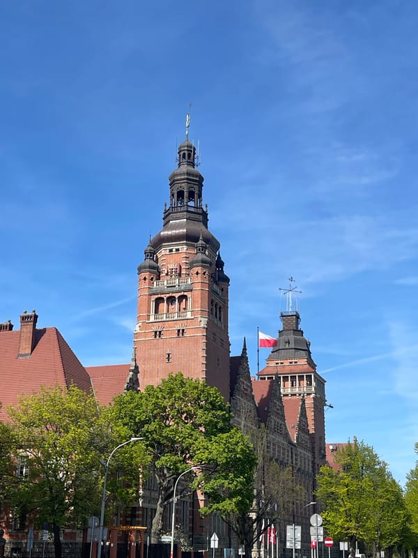 Sunny afternoon street life documented around historic Szczecin architecture