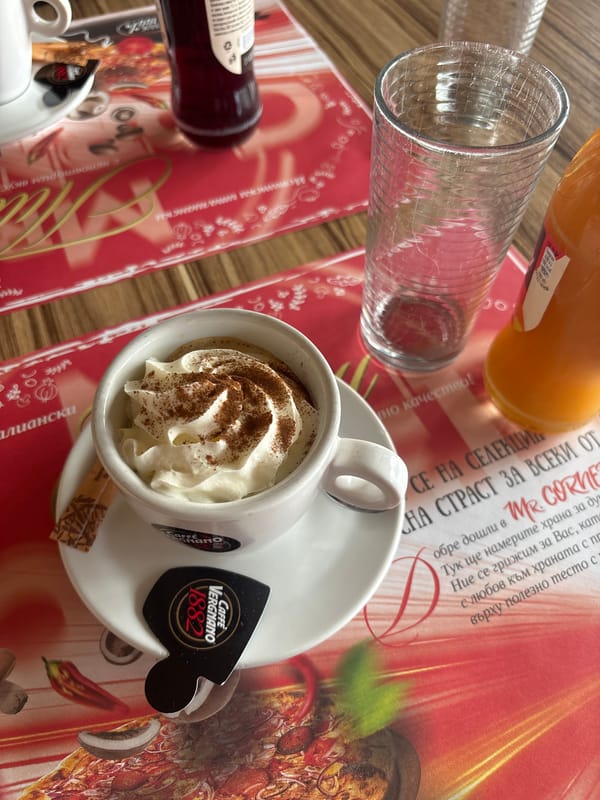 Coffee served at café table in Dimitrovgrad, Bulgaria
