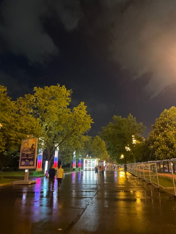 Evening stroll through illuminated VDNKh park Moscow captured