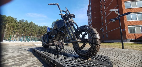 Metal motorcycle sculpture displayed in Chaikovsky, Russia
