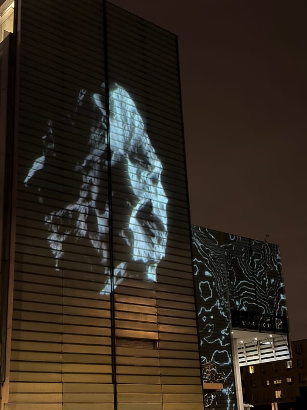 Light projections illuminate Montreal buildings near Grande Bibliothèque