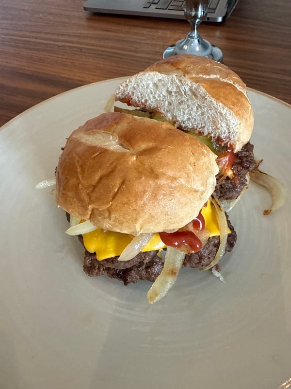 Hamburger meal photographed at London table Sunday afternoon
