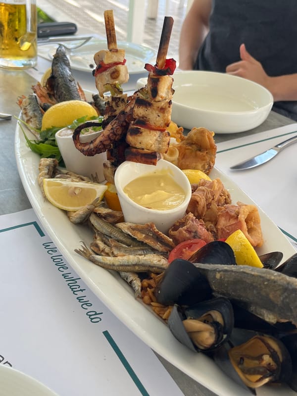 Seafood lunch at beachside restaurant in Astrida, Greece