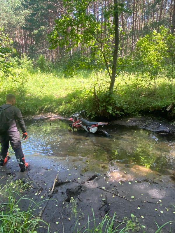 Dirt bike goes down in a forest creek crossing, Belarus