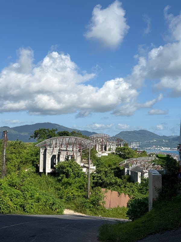 Abandoned construction site in Kamala overtaken by tropical vegetation
