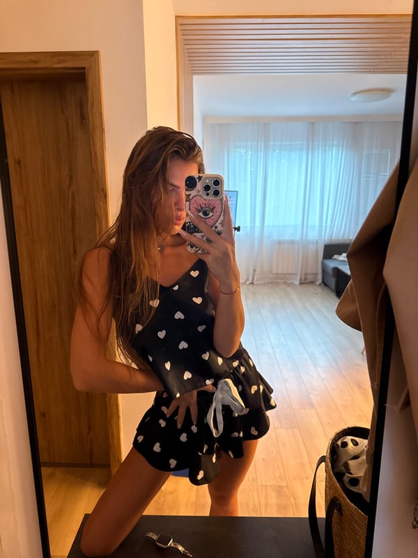 Mirror selfie series in black heart-print pajamas, Plovdiv