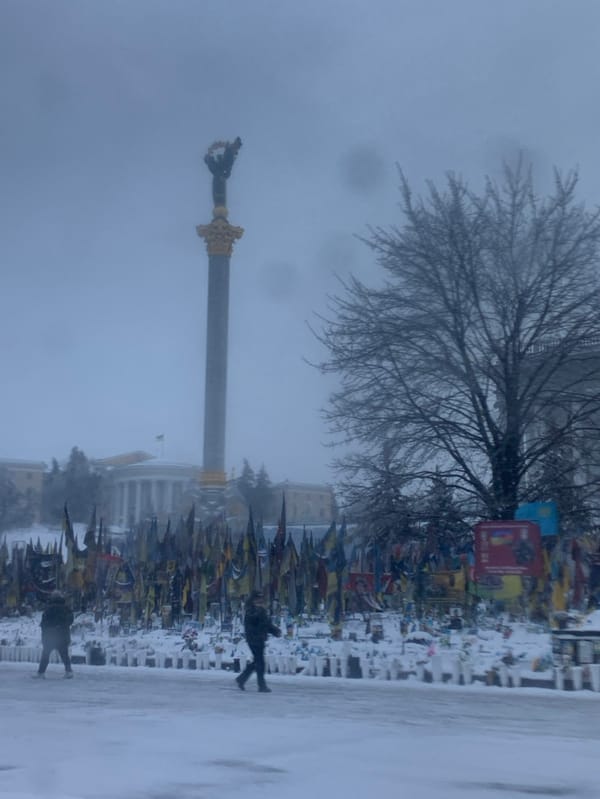 Snow blankets central Kyiv's Independence Square and surrounding streets