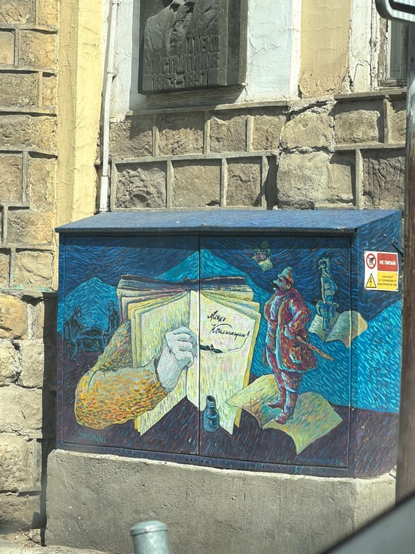 Painted electrical box mural spotted on Sofia building
